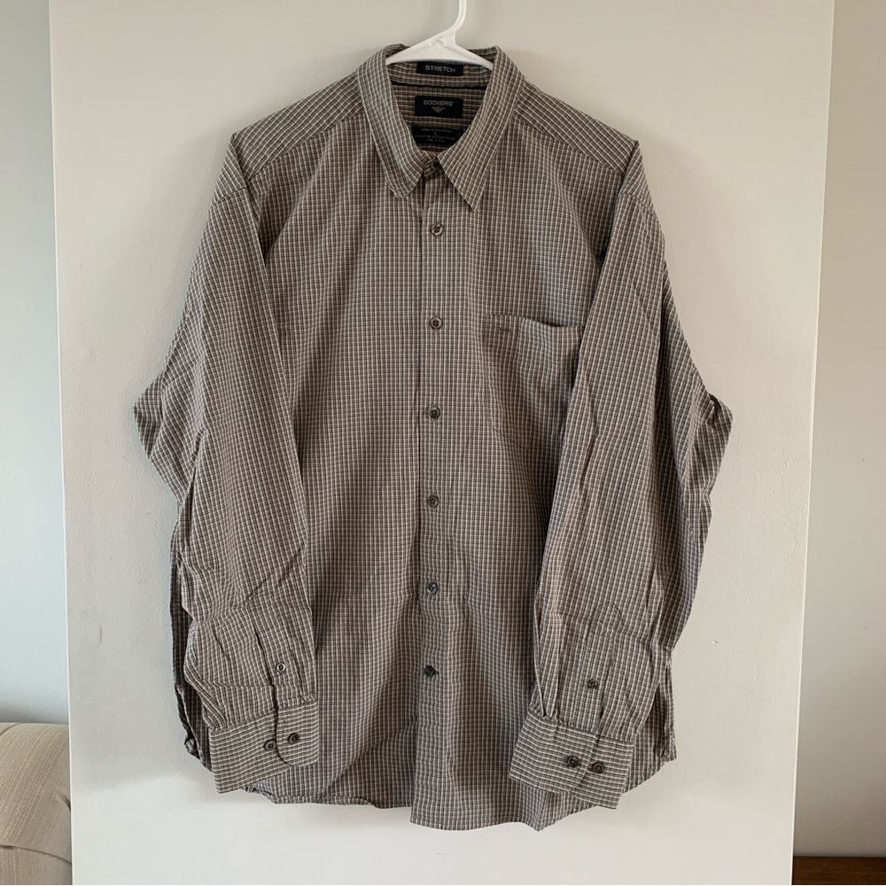 Check Dress Shirt Size Large Button Up Top Long Sleeve Black Gray Dockers